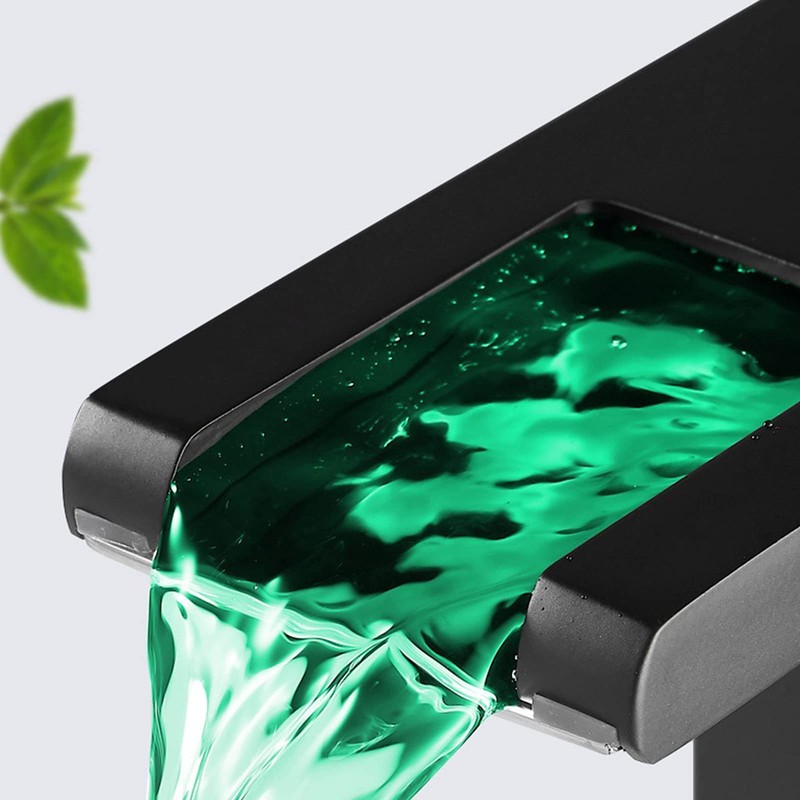 Bathroom Faucet Led Light RGB Waterfall Spout Black Lavatory Vanity