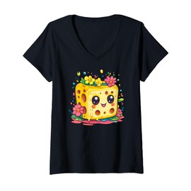 Womens Cheese Block With Flowers V-Neck T-Shirt