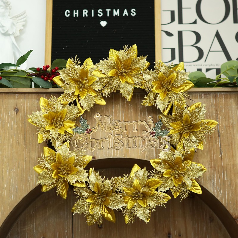 GREENTIME 12 Pcs Glitter Poinsettia Artificial Flowers Christmas with Clips