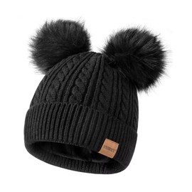 FISFET Beanie Hats for Women with Double Pom Pom, Bobble Hat Women Cold Weather Warm Cable Knit Fleece Lined, Winter Hats for Women for Daily Use(Black)