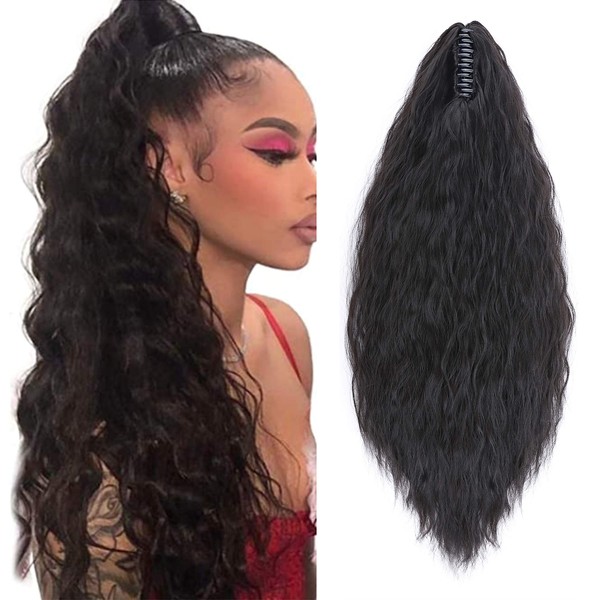 61 cm Claw On Ponytail Extensions Soft Curly Ponytail Hair Extension Corn Wave Tails Hairpieces Synthetic for Women Ladies Natural Black