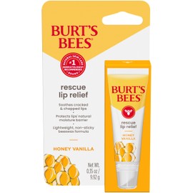 Burts Bees Rescue Lip Relief, Honey Vanilla Flavor, Soothes Cracked and Chapped Lips, Lightweight Formula, 100% Natural Origin, 0.35 Oz. Squeezy Tube