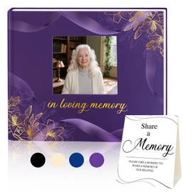 Elegant Funeral Guest Book - in Loving Memory Guestbook with Photo Slot - 330 Entries Memorial Guest Sign in Book for Funeral Service, 9"x7.5", Purple