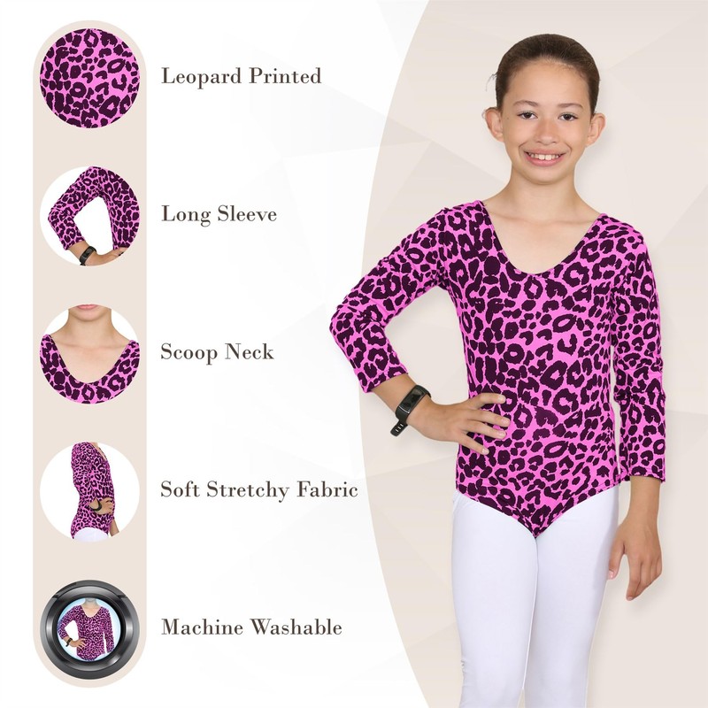 Hamishkane Kids Girls Long Sleeves Round Neck Leopard Print Gymnastics