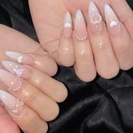 Press on Nails Medium French Gradient False Nails Almond Fake Nails Artificial Acrylic Nails Pearl Love Heart Bear Design Nude Stick on Nails Full Cover Reusable Coffin Nails Glue on Nails for Women