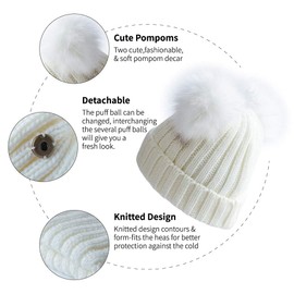 Womens Double Pom Pom Winter Beanie Bobble Hat Knitted Faux Raccoon Fur Detachable Ball Cap Adult Skull Hat
