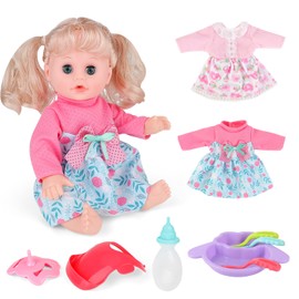 deAO 13 Inch Baby Doll Playset with Clothes and Accessories,Baby Doll Pretend Role Play Set with Open/Close Eyes Hair for Kids Including 13 Inch Doll,2 Sets Clothes,and 7 Pcs Accessories for 3+ Girls