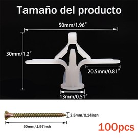 Taicols 100 Kit de Anclajes para Paneles de Yeso, Tapones y Tornillos para Pared de Yeso, Taquetes y Tornillos para Tablaroca, Adecuado para Paneles de Yeso, Tablero de Amianto (blanco)