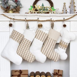 LUBOT Set of 4 (4 Boots + 1 Bone) Christmas Stockings(20inch) Plaid/Rustic/Farmhouse/Country Fireplace Hanging Canvas Handmade Xmas Stockings Decorations for Family Holiday Season