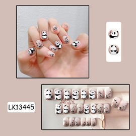 Press on Nails Square Short Length 24Pcs Glossy Full Cover Artificial Cute Fake Nails with Panda Bamboo Designs Coffin Acrylic False Nails Glue on Nails Square Stick on Fingernails for Women Girls