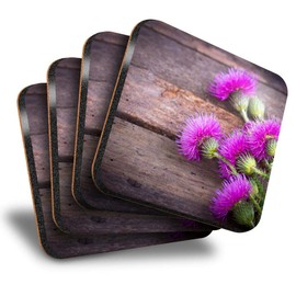 Destination Vinyl ltd Great Coasters (Set of 4) Square - Purple Scottish Thistle Drink Glossy Coasters/Tabletop Protection for Any Table Type #3645