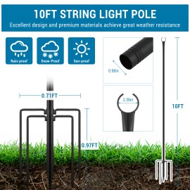 4pcs 10FT Poles for Outdoor String Lights, Metal Poles for Hanging String Lights