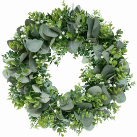 Avoik Artificial Eucalyptus Wreath for Front Door, 20" Green Eucalyptus Leaves with White Flower Wreath Spring Summer Wreath for Wall Window Festival Thanksgiving Farmhouse Garden Home Decor