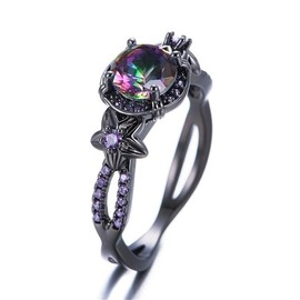 Gothic Black Retro Rings for Women Mystic Rainbow Topaz with Created Amethyst Flower Wedding Engagement Ring Gothic Black Gold CZ Amethyst Ring, No Gemstone