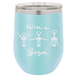 Wine Yoga Laser Engraved Insulated Stainless Steel Wine Glass Tumbler with Lid, 12 Oz., Aqua