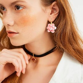 GPASTG Handmade Chic Vivid Cute 3D Flower Leverback Earrings Unique Resin Lotus Rose Flower Dangle Drop Earrings For Women (Pink)