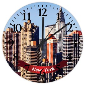 New York City Landscape Wooden Wall Clock 15" Silent Non-Ticking Large Numbers Battery Operated US City State Pride Patriotic Wall Clock Retro Home Decoration for Conference Room Classroom Washroom
