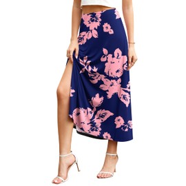 Jouica Women 2024 Summer Spring Boho Floral Print Elastic Waist Split Beach Midi Skirt,JY Navy Blue Rose,Small