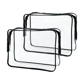 TotePrint 2pcs Small Clear Cosmetic Pouch Clear Makeup Bag with bone 9.8x2.3 x7 Size TSA Approved Toiletry Bag, Clear Travel Bags Clear Cosmetic Bag for Women and Men, Clear with black bone, Solid