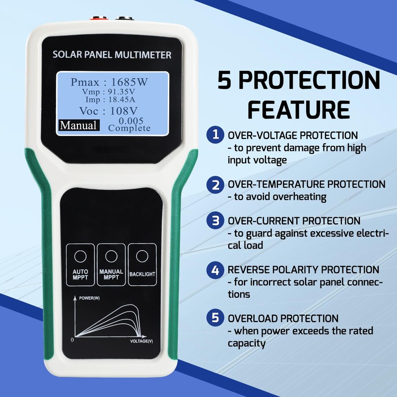 1800W Solar Panel Tester Photovoltaic Multimeter with Smart MPPT Detection