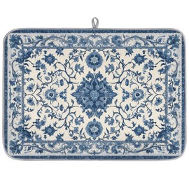 Dish Drying Mats for Kitchen - Super Absorbent Dish Dryer Mat for Countertops Microfiber Dishes Drainer Pad Hide Stain Draining Rack Mat Gadgets for Easy Clean Multi-Use 16"x18",Blue and White