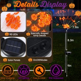 Tujoe 4 Pcs Halloween Pumpkin Solar Firework Lights Decorations Garden Pathway Solar Power Light Stake Waterproof with 90 LED 8 Modes Firework Lights Decoration for Halloween Outside Decor