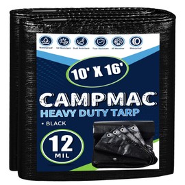 Black Tarps Heavy Duty Waterproof 10x16, 12 Mil Thick, High Durability, Rip and Tear Resistant with Metal Grommets Every 20 Inches