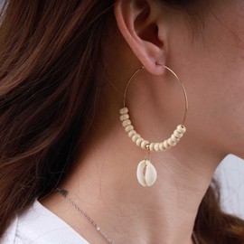 Inilbran Boho Sea Shell Dangle Drop Earrings Vintage Cowrie Pearl Earrings Beach Shell Huggie Hoop Earrings Large Hollow Circle Pendant Earrings Jewellery for Women and Girls, Alloy Steel