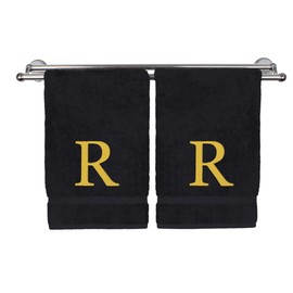 Toalla de mano con monograma, regalo personalizado, juego de 2 toallas bordadas con letra de bloque dorado, extra absorbente, 100% algodón turco, acabado de rizo suave, inicial R negro