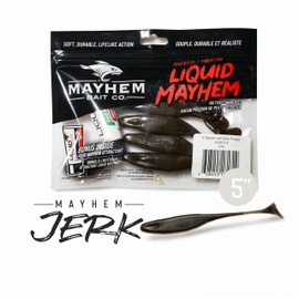 Liquid Mayhem 5" Jerk - Green Pumpkin - Soft Plastic Fishing Lure for Walleye 15 Count (3 x 5-Pack) + Bonus 3 x 10ml Tube - Liquid Fish Attractant