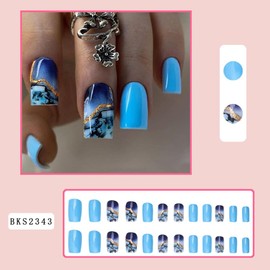 24 Pcs Blue Press on Nails Medium Square - WLGDLH Fake Nails Glossy False Nails Press Ons With Blue Ink Sfumato Gold Glitter Design Nail Tips Full Cover Acrylic Nail Kit for Women