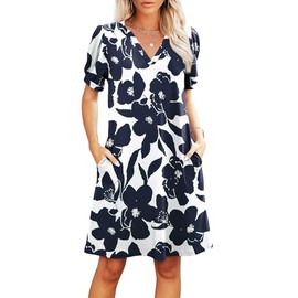 RUMIA V-Neck Summer Tropical Sundress for Women- Ruched Short Sleeve Floral Casual Dress with Pockets for Hawaiian Vacation