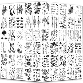 Yazhiji - Tatuajes temporales pequeños impermeables – 60 hojas, constelaciones de estrellas lunares, brújula de música, líneas de anclaje, flores para niños, adultos, hombres y mujeres.
