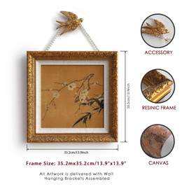 CreateCell framed wall art painting,New Chinese Retro Still Life Decorative Painting Plum Blossom and Bamboo Botanical Landscape Painting Tea Room Decorative Painting,12.8*12.8inches solid wood frame