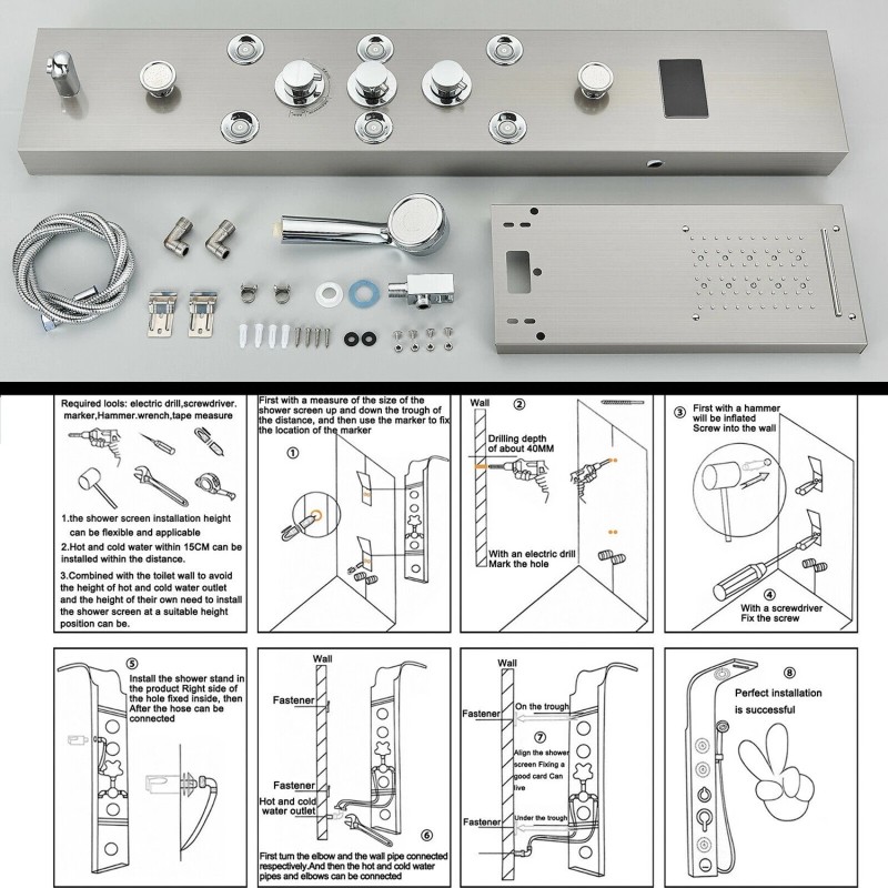 FUZ LED Shower Panel Tower System Stainless Steel 6-Function Faucet