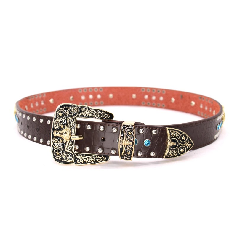Western Belt Coffee Gold Cowboy Prayer Men Blue Stone Crocodile