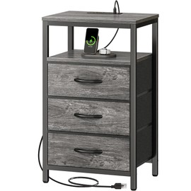 Huuger Nightstand with Charging Station, 27.6 Inch End Table Bedside Table with USB Ports and Outlets, Night Stand for Bedroom, Fabric Drawers, Grey