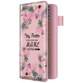 bvya Checkbook Cover for Men & Women with RFID Blocking, Premium Printed Leather Checkbook Holder Slim Wallets with Pen Holder & Built-in Clear Plastic Divider for Duplicate Checks (J), Pink,