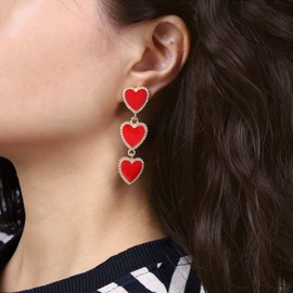 TseenYi Black Enamel Heart Earrings Long Black Heart Earrings Interlocking Heart Drop Earrings Vintage Triple Heart Love Earrings Jewellery for Women and Girls, Zinc