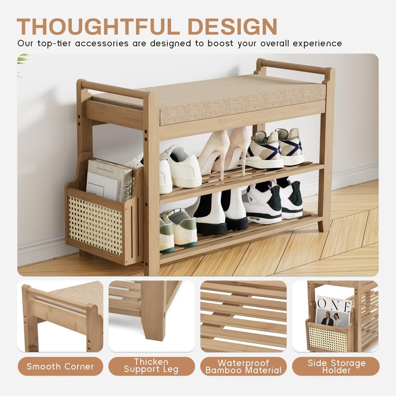 Homaxy 2-Tier Shoe Rack Bench, 28.2 in, Walnut and Light