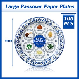 100 Pcs Passover Paper Plates 9 Inch Disposable Pesach Dinnerware Set with Traditional Food Happy Passover Dinner Plates Table Decorations Holiday Party Supplies, Serve 100 Guests