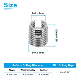PATIKIL Self-Tapping Threaded Inserts, 20 Pcs M6 x M9 x 10mm 303 Stainless Steel Thread Adapter Reducer Slotted Screw Repair Inserts Nuts Sleeve