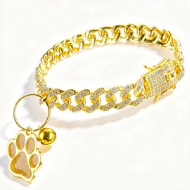 EXPAWLORER Cat Collar Chain,Diamond Gold Glitter Collar Walking Metal with Secure Buckle Link Cuban Pet Rhinestones Necklace Accessories with Paw Charm and Bell for Cats Dogs Kittens (10 Inch,Gold)