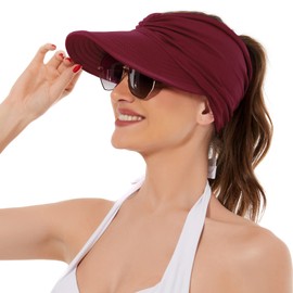 Sun Hats for Women Wide Brim Summer Hat with UV Protection Beach Sport Golf Sun Visor Cap with Ponytail Hole Wine Red