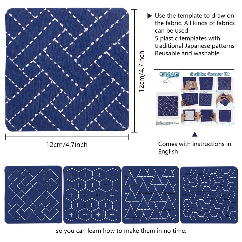 ORIGACH 5 Set DIY Sashiko Coaster Kit, Coaster Making Kit