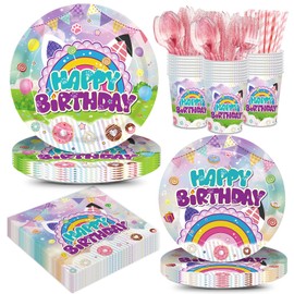 192pcs Dollhouse Plates Napkins Dollhouse Party Supplies Disposable Paper Cups Straws Cartoon Birthday Party Decorations Tableware Set for Kids Girls Birthday Decor 24 Guests