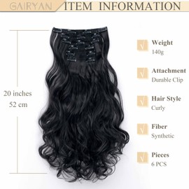 Gairyan 52 cm Clip-In Extensions Wavy Natural Black 6 Pieces Hair Extensions with Clips Synthetic Hair Extensions Clip in Hairpiece Hair Extension Wavy Long Curly for Women