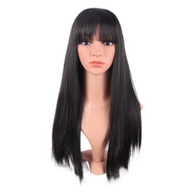 MapofBeauty 22 Inches / 56 cm Women Long Straight Flat Bangs Synthetic Hair Heat Resistant Fibre Hair for Party Cosplay Wig (Brown Black)