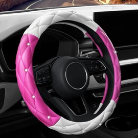 YOGURTCK Cute Diamond Soft Leather Anti-Slip Steering Wheel Cover with Bling Bling Crystal Rhinestones, Universal 15 Inch for Women Girls, Fit Vehicles, Sedans, SUVs, Vans, Trucks - Hot Pink and White