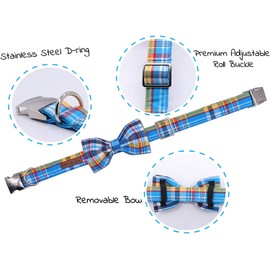 Dog Collars with Bowtie Durable Soft Comfortable Bluegrid Pattern Premium Cotton Collars Metal Buckle Thick Colar for Small Medium and Large Boy Dogs Accessories S